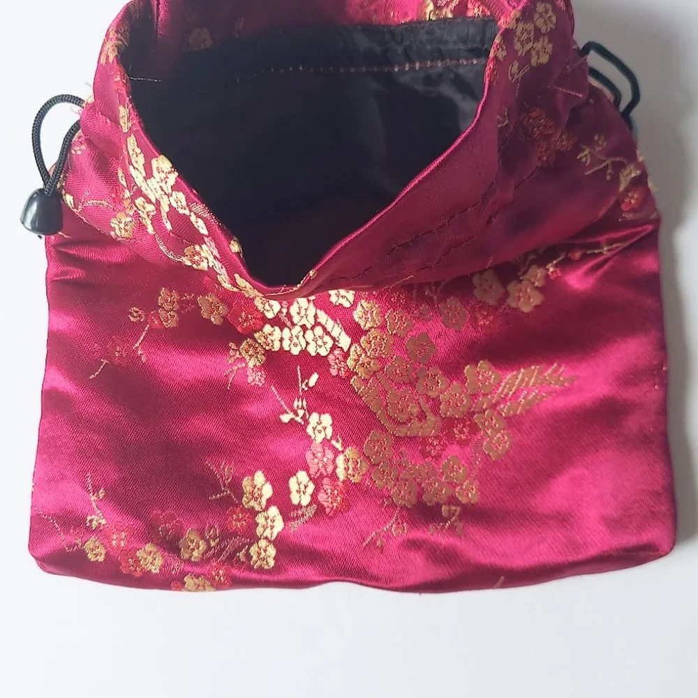 Fuchsia Oriental Handled Drawstring Satin Bag Matching Coin Purse